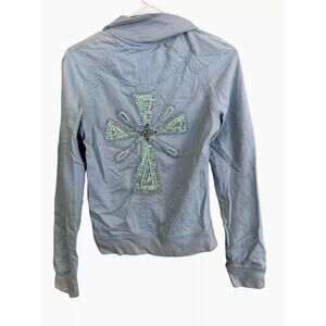 Twisted Heart Hooded Sweater Small Blue Cotton Full Zip Beaded Boho